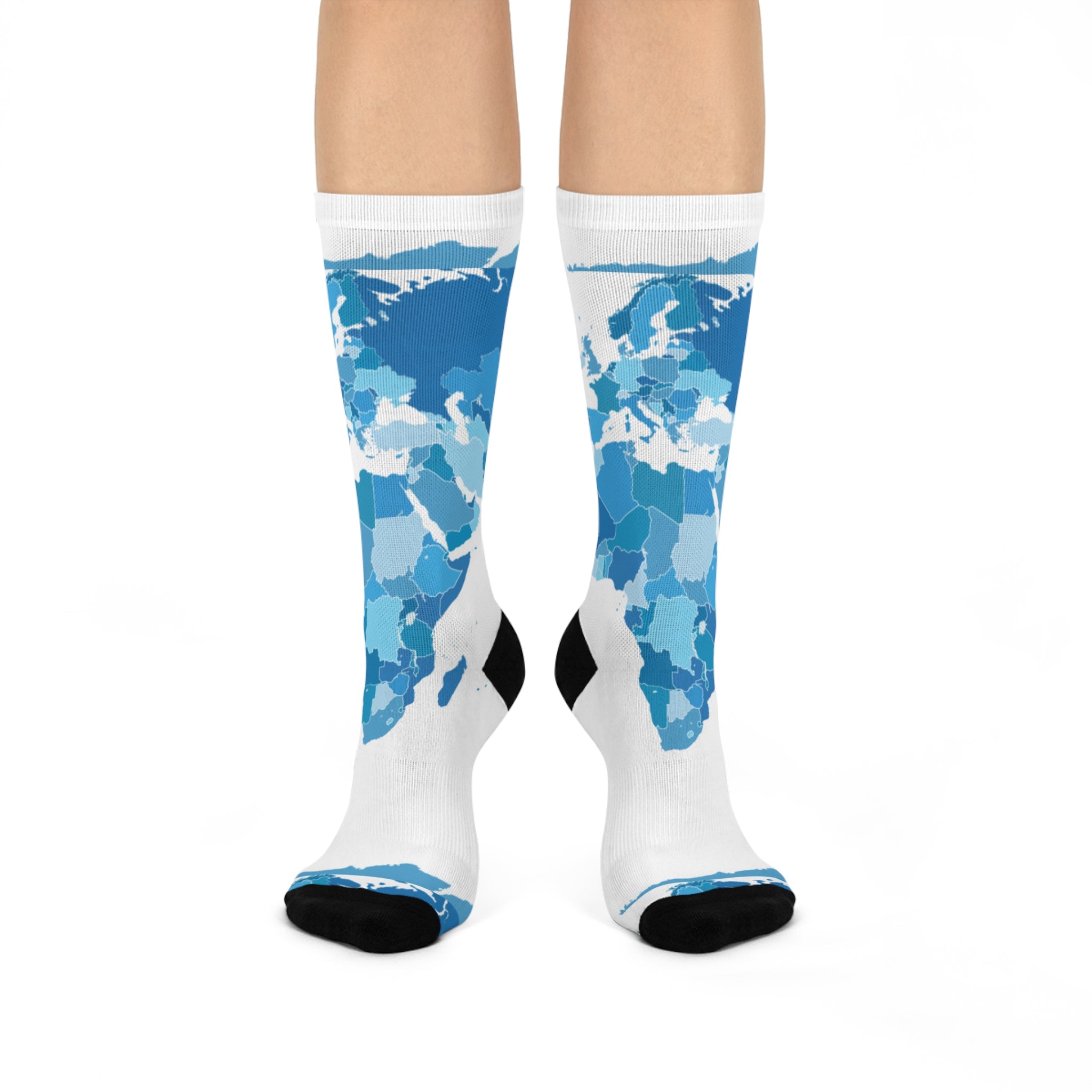 World Map Cushioned Crew Socks — Blue Travel Map Crew Socks