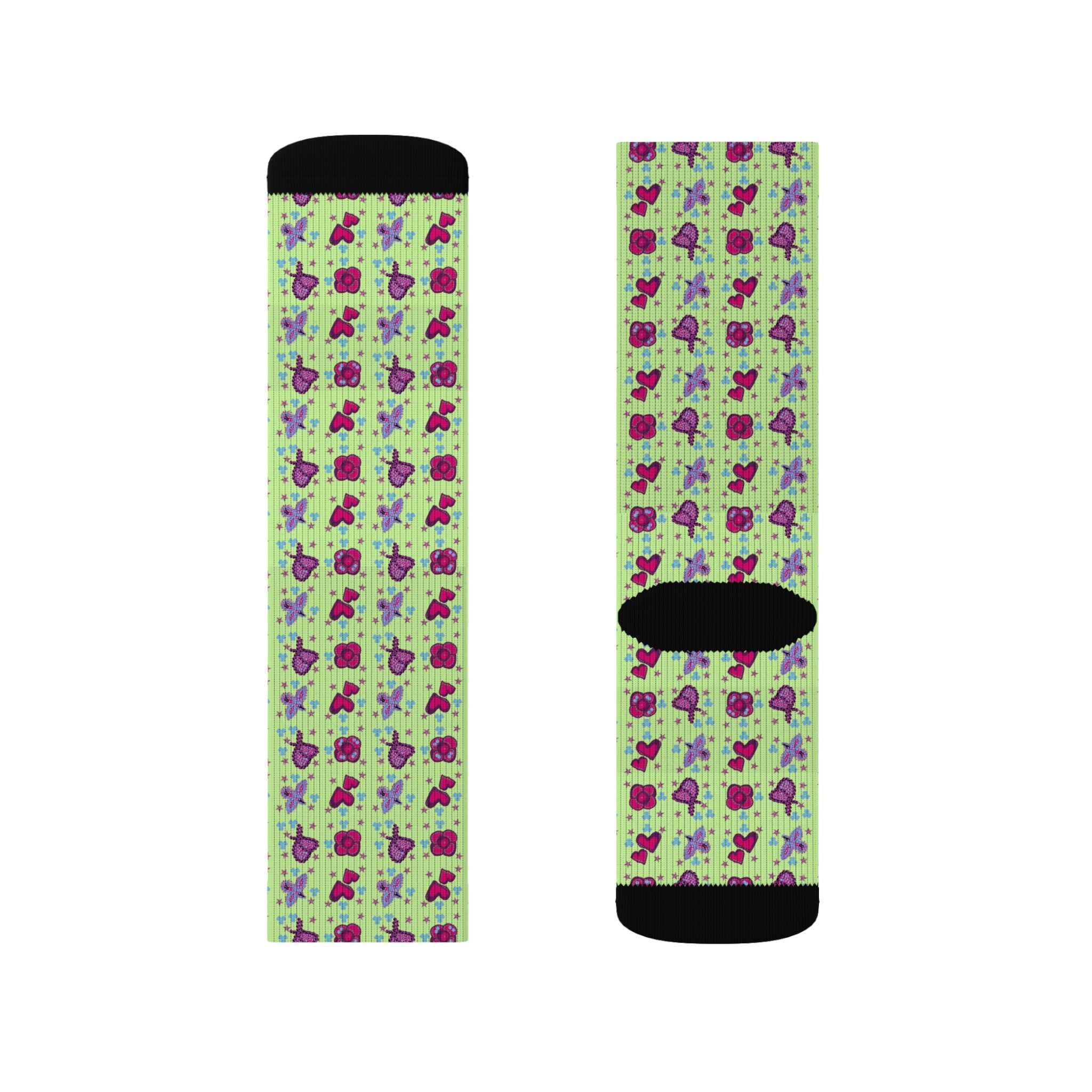 Purple Pink Beaded Flower with Hearts Pattern Socks | Green Crew Socks