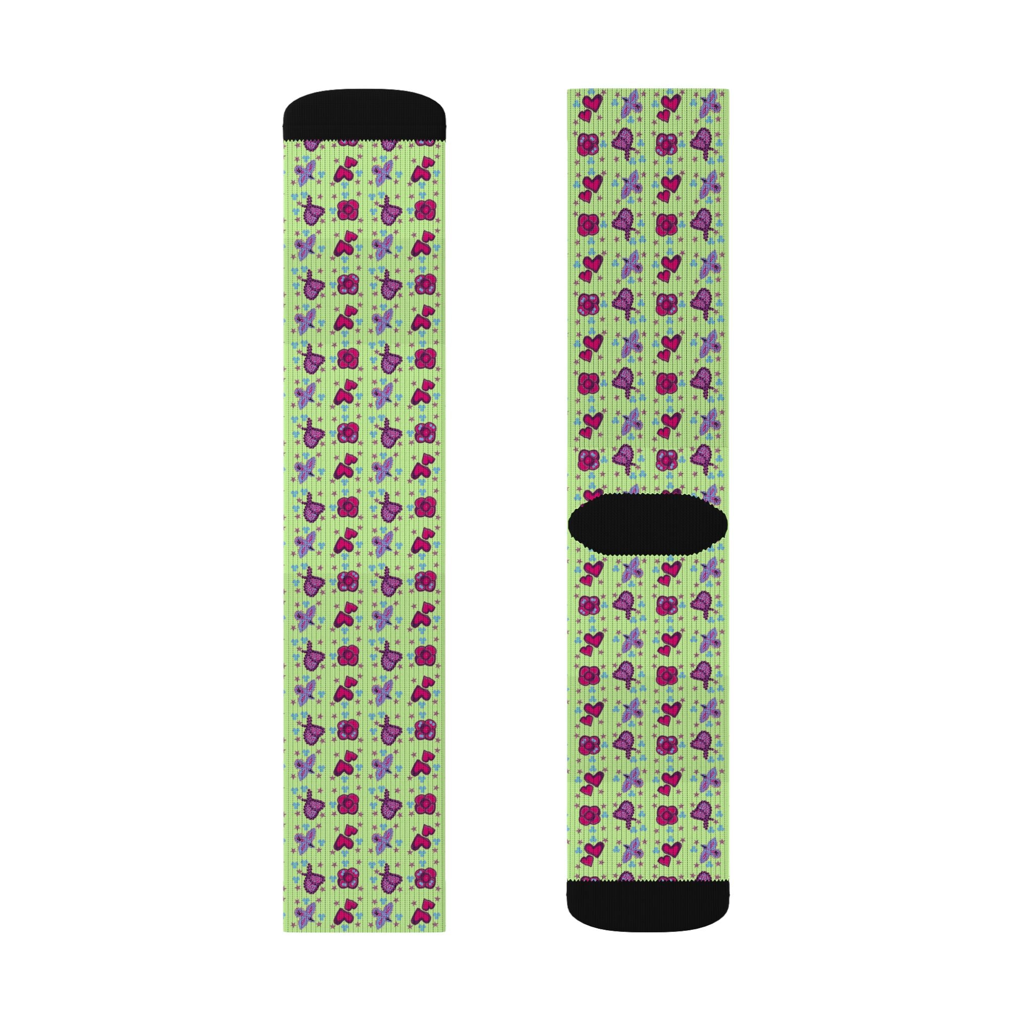 Purple Pink Beaded Flower with Hearts Pattern Socks | Green Crew Socks