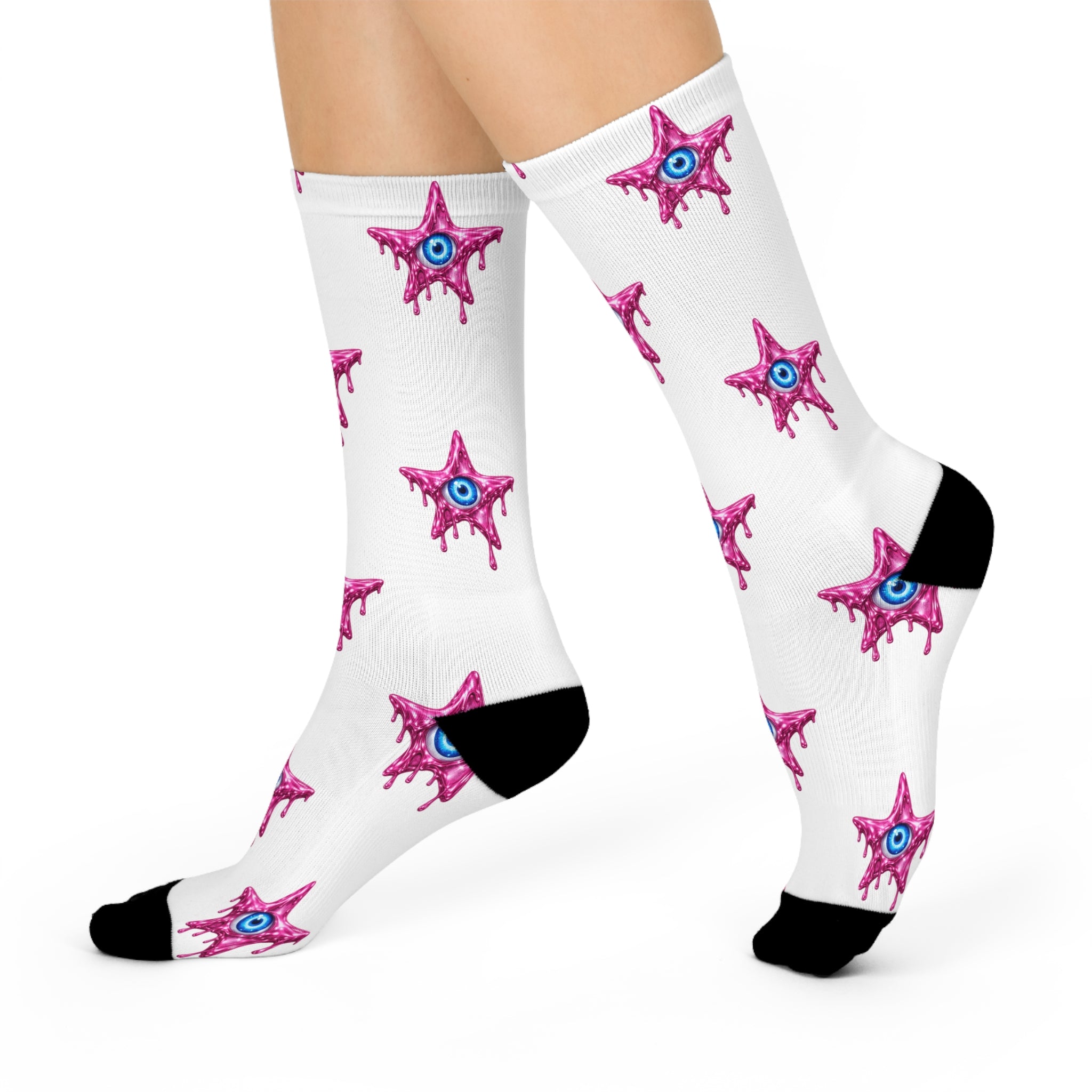 Star Dripping Blue Eye For Protection Cushioned Crew Socks | White Pink Blue Novelty