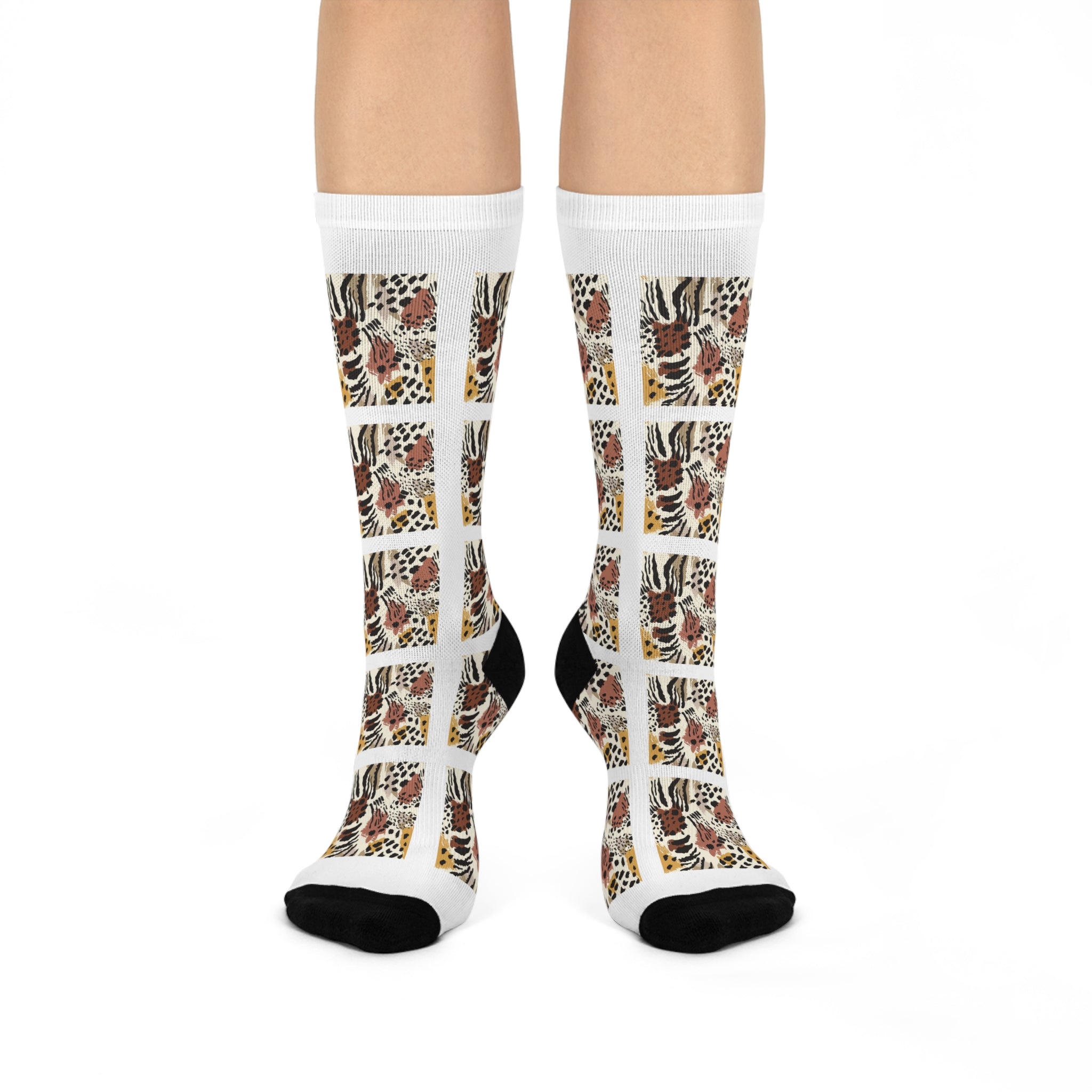 Leopard Tiger Patchwork Crew Socks | Animal Print Athletic Socks