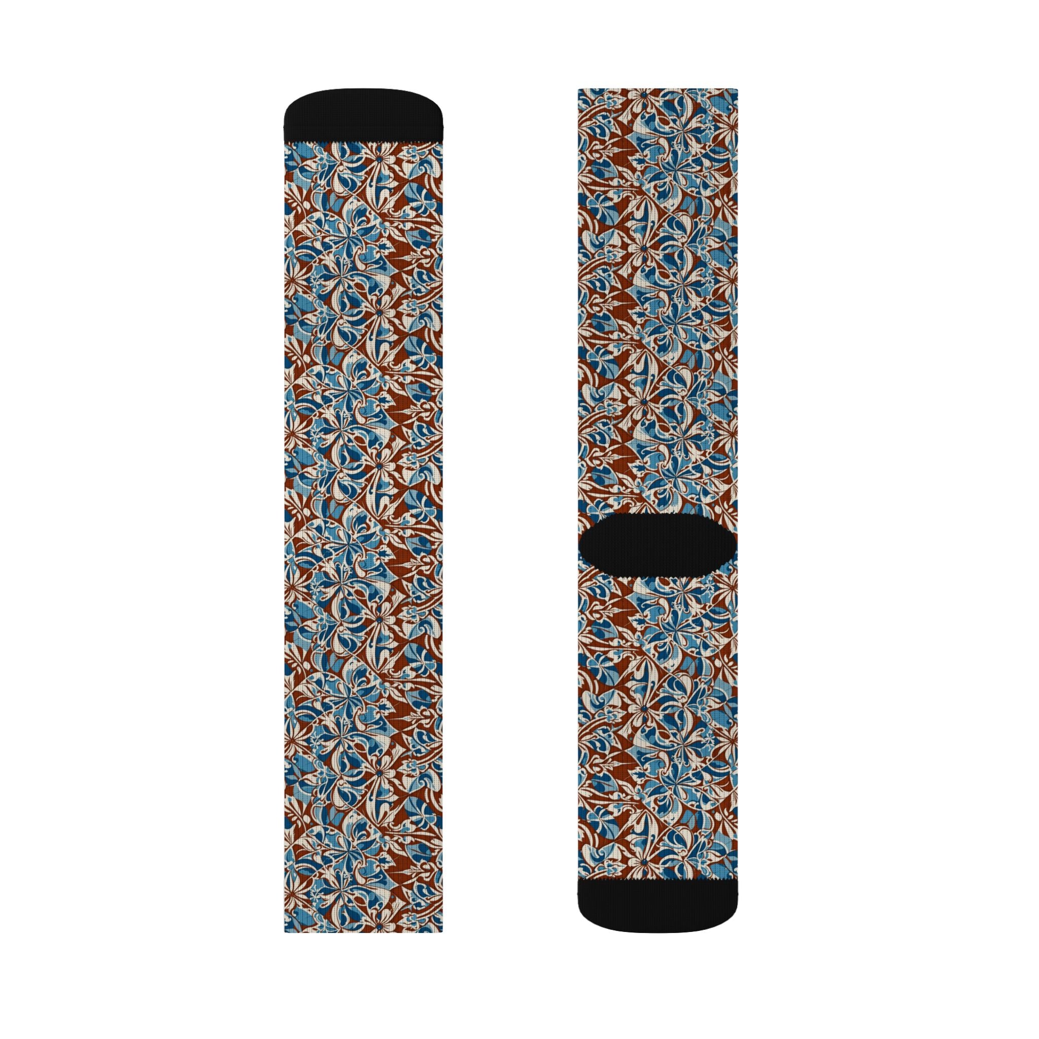 Blue Brown Floral Pattern Socks | All-Over Print Sublimation Socks