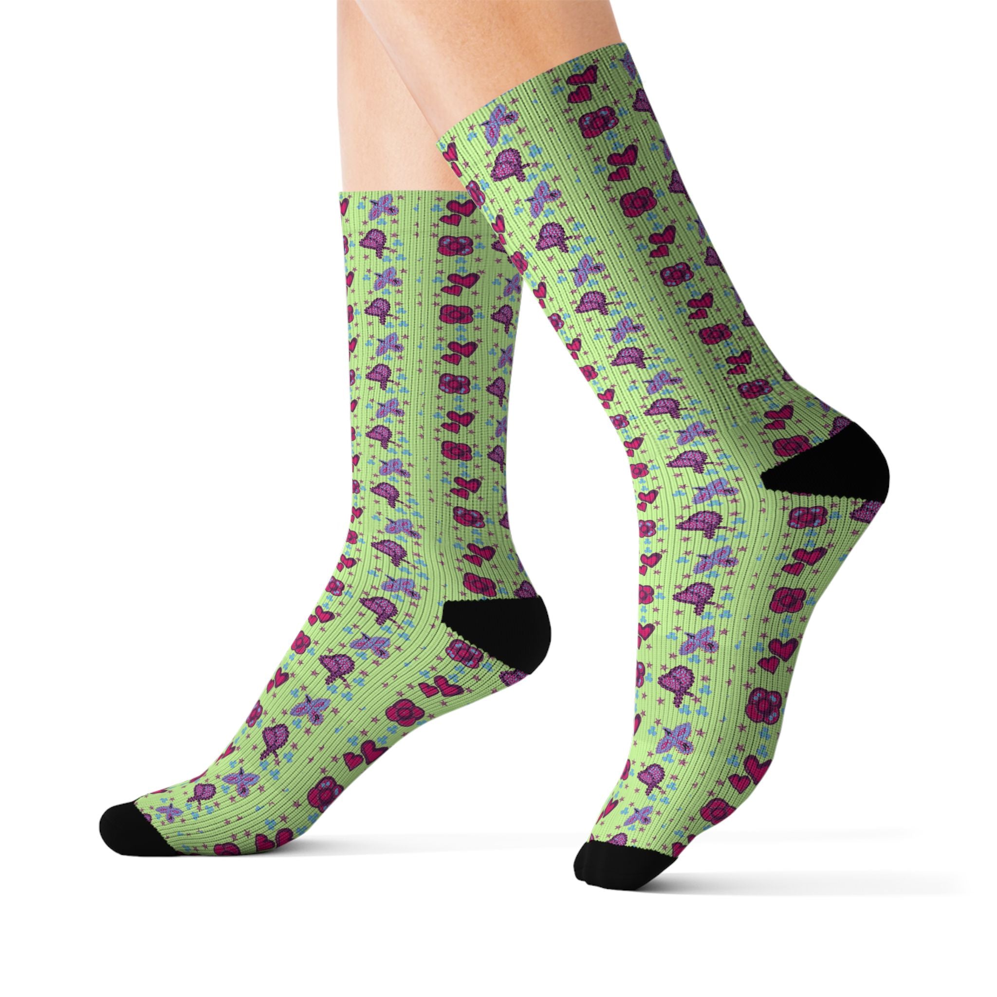 Purple Pink Beaded Flower with Hearts Pattern Socks | Green Crew Socks