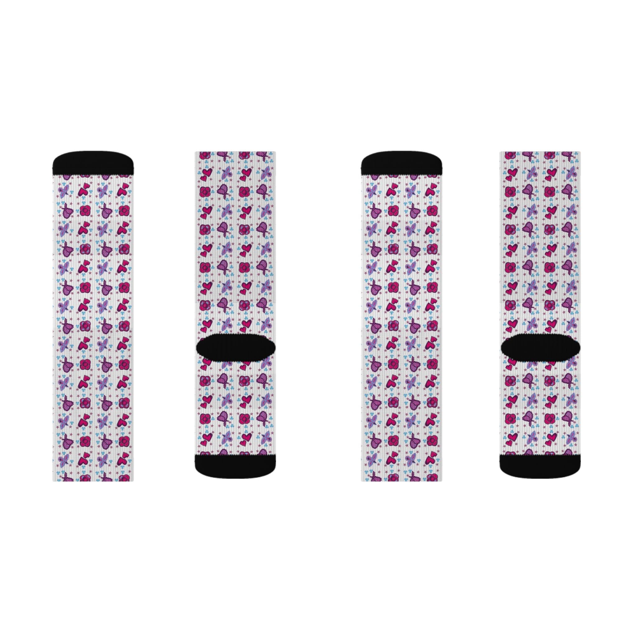 Purple Pink Beaded Flower Hearts Pattern Socks | Sublimation Crew Socks