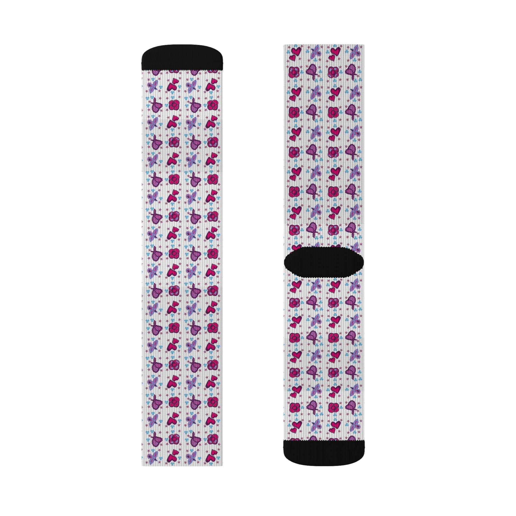 Purple Pink Beaded Flower Hearts Pattern Socks | Sublimation Crew Socks