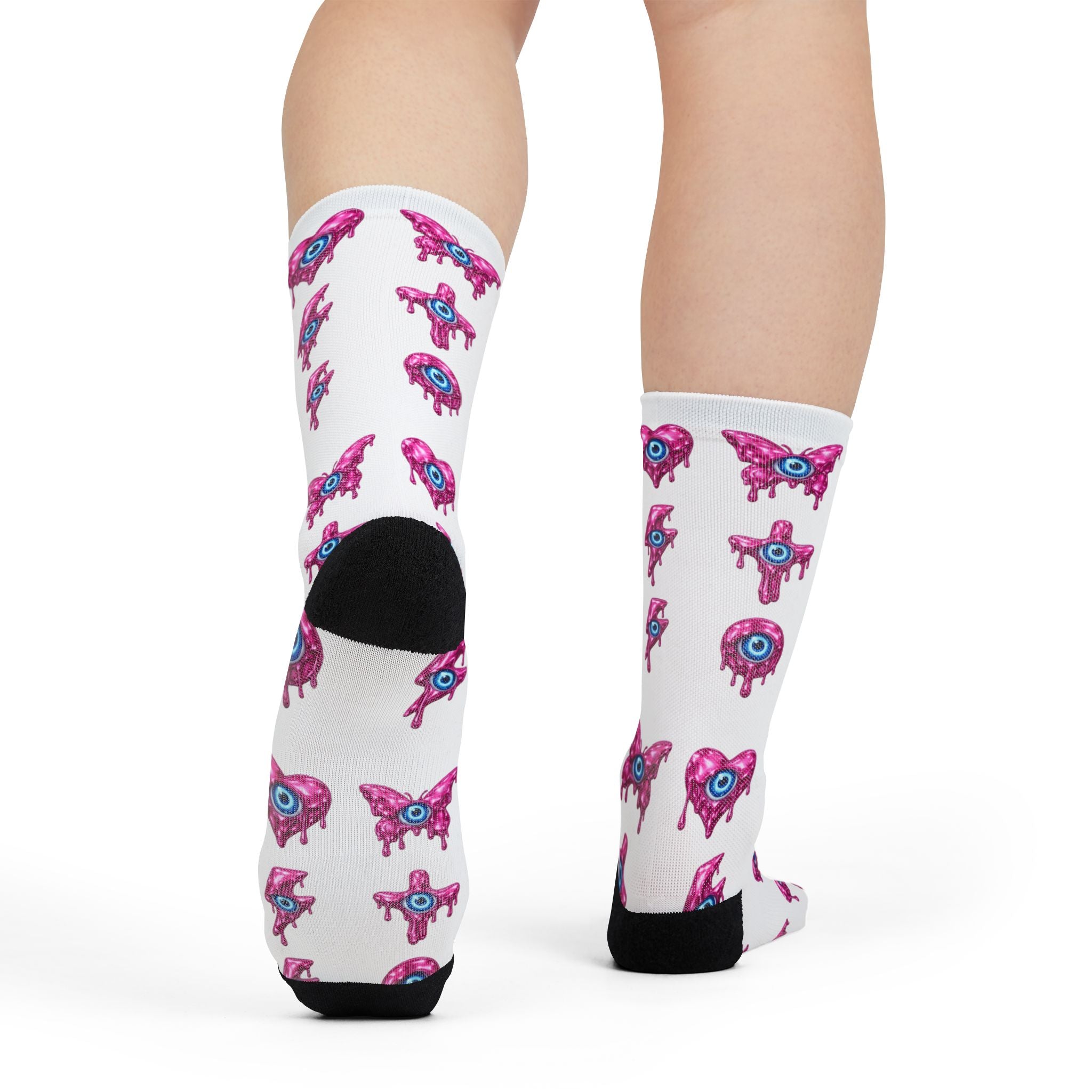 Pink Dripping Cross & Heart & Lightning Pattern Crew Socks | Sublimation Socks