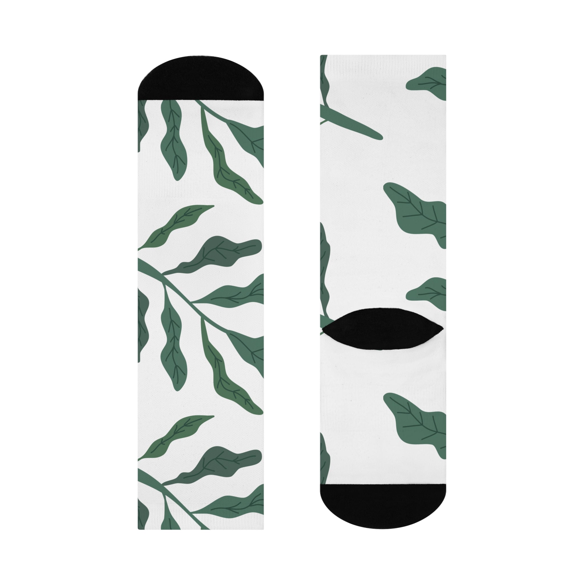 Green Leaf Branch Socks Cushioned Crew Socks | Botanical Nature Pattern