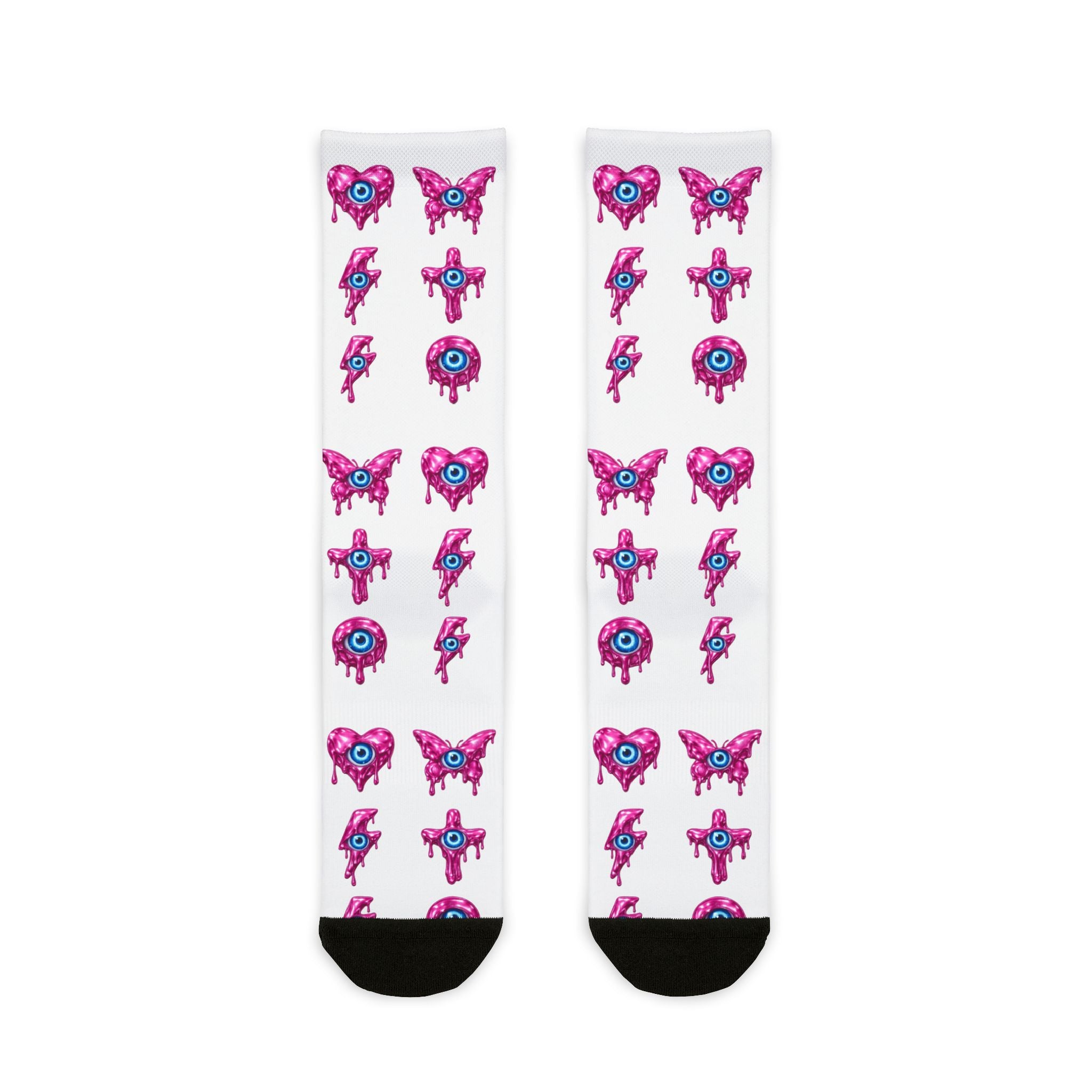 Pink Dripping Cross & Heart & Lightning Pattern Crew Socks | Sublimation Socks