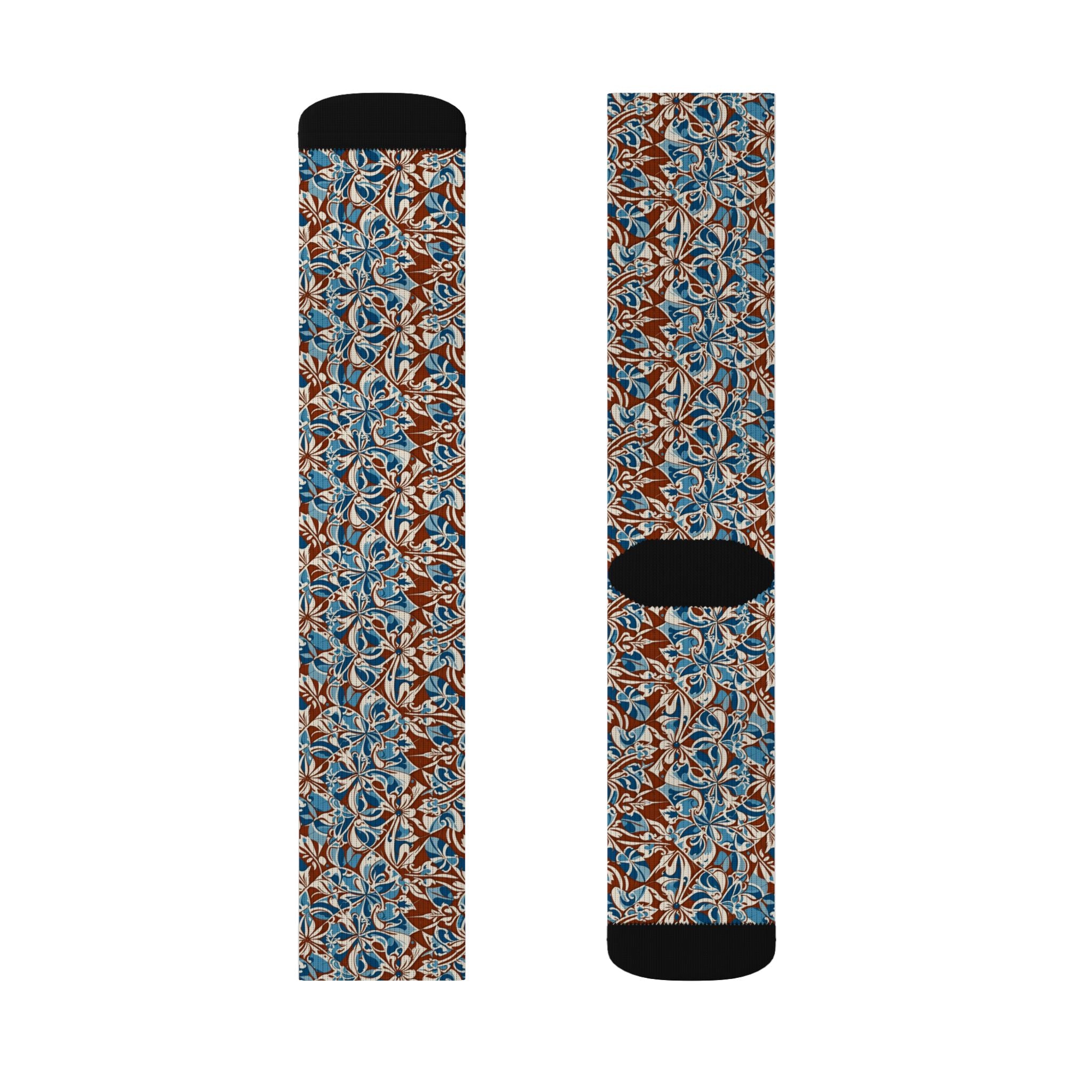 Blue Brown Floral Pattern Socks | All-Over Print Sublimation Socks
