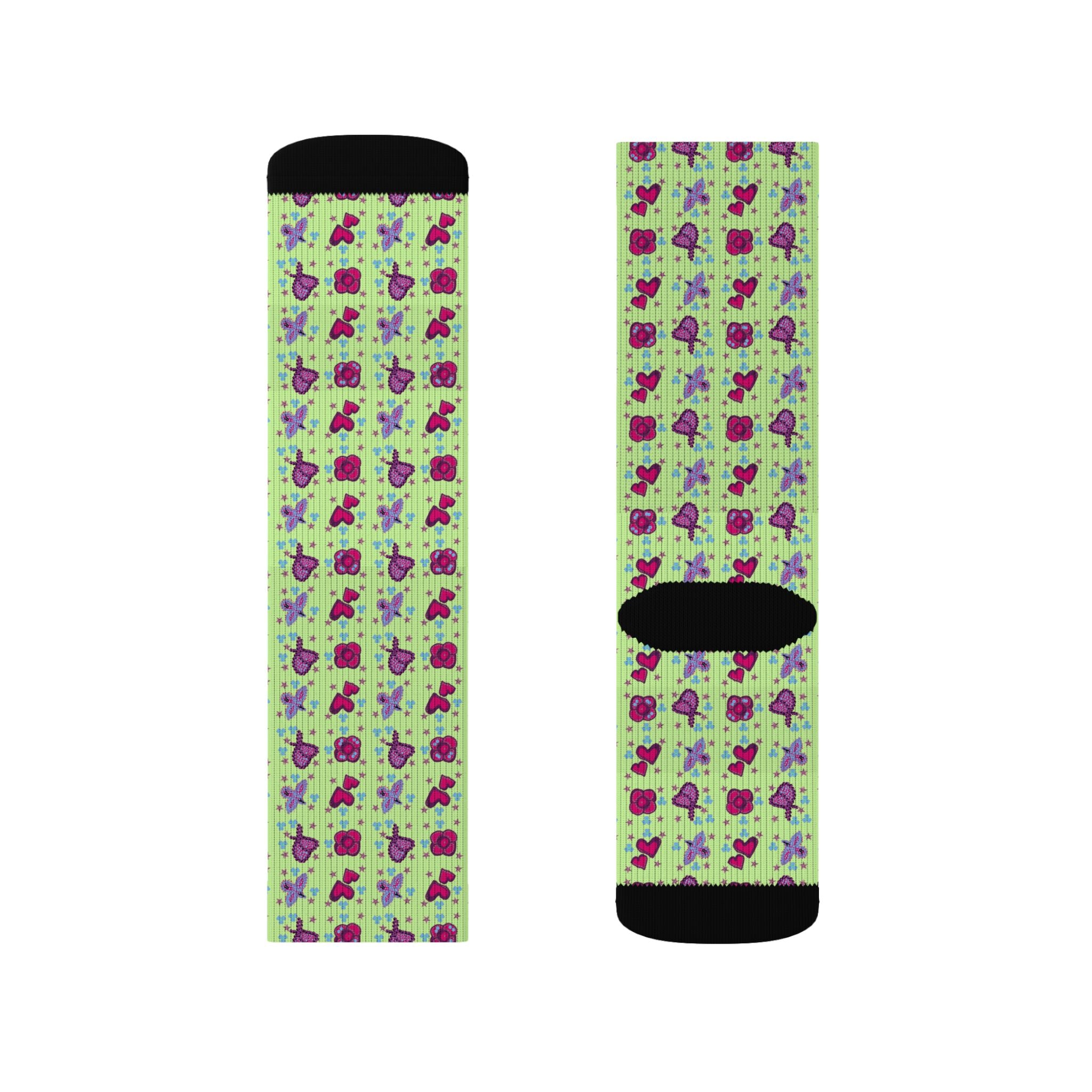 Purple Pink Beaded Flower with Hearts Pattern Socks | Green Crew Socks