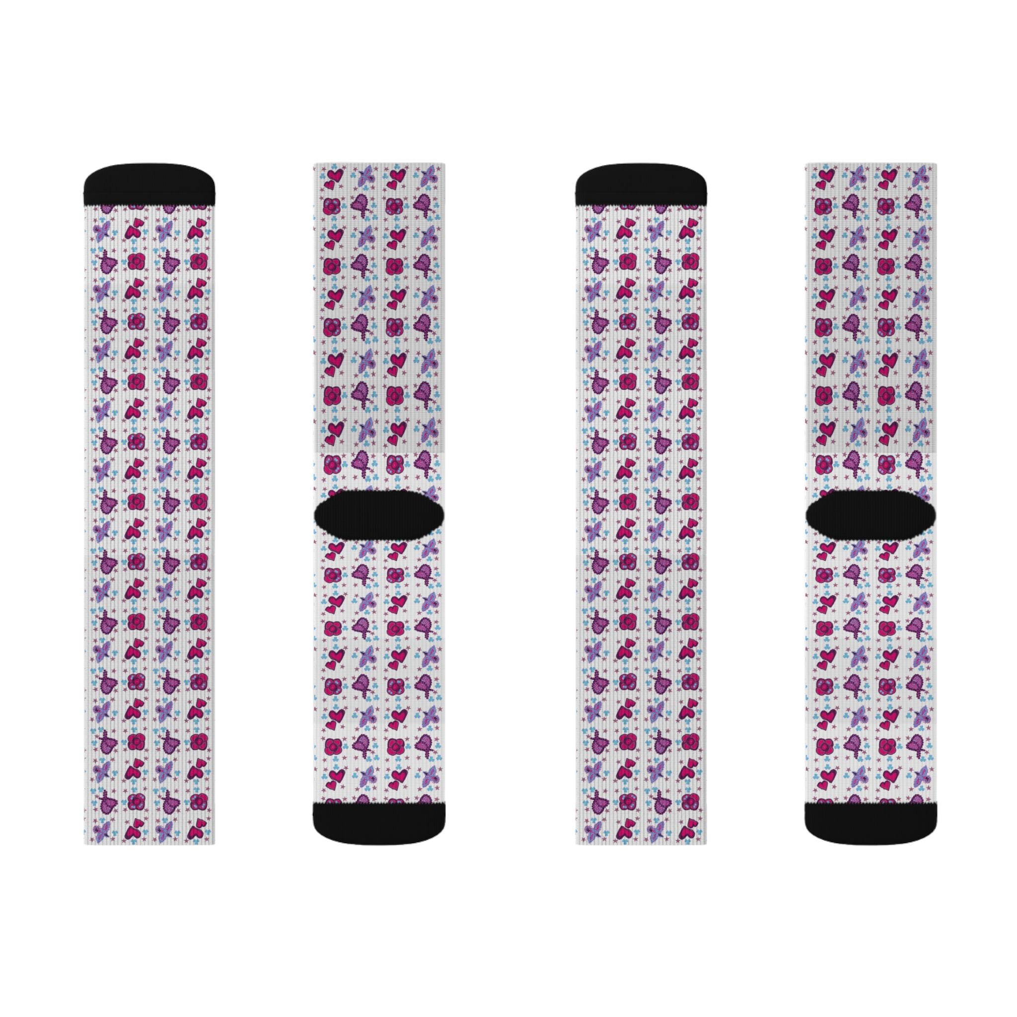 Purple Pink Beaded Flower Hearts Pattern Socks | Sublimation Crew Socks