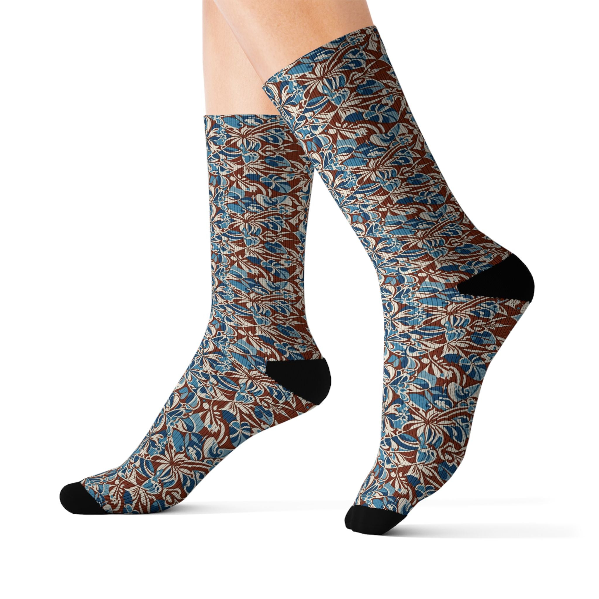 Blue Brown Floral Pattern Socks | All-Over Print Sublimation Socks