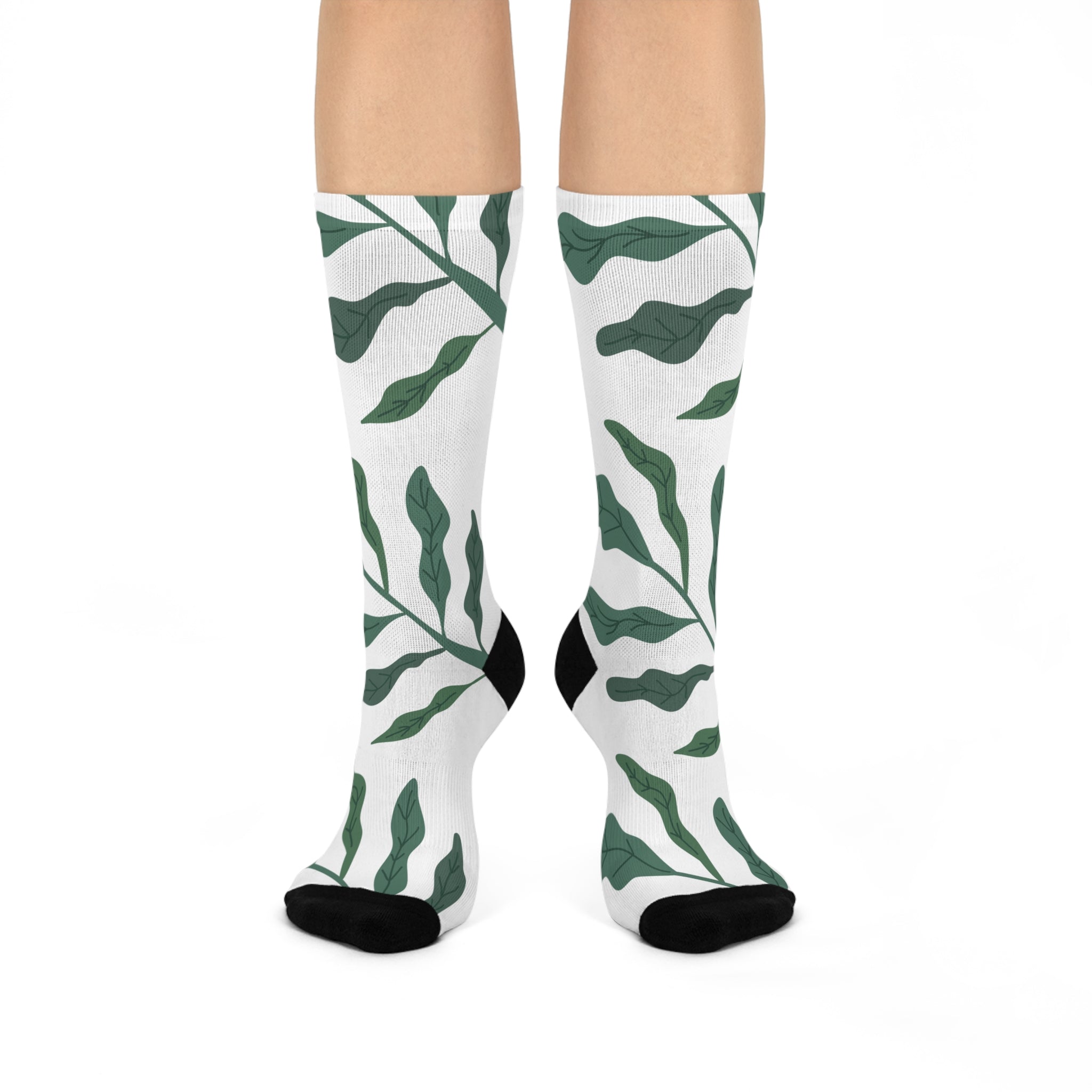 Green Leaf Branch Socks Cushioned Crew Socks | Botanical Nature Pattern