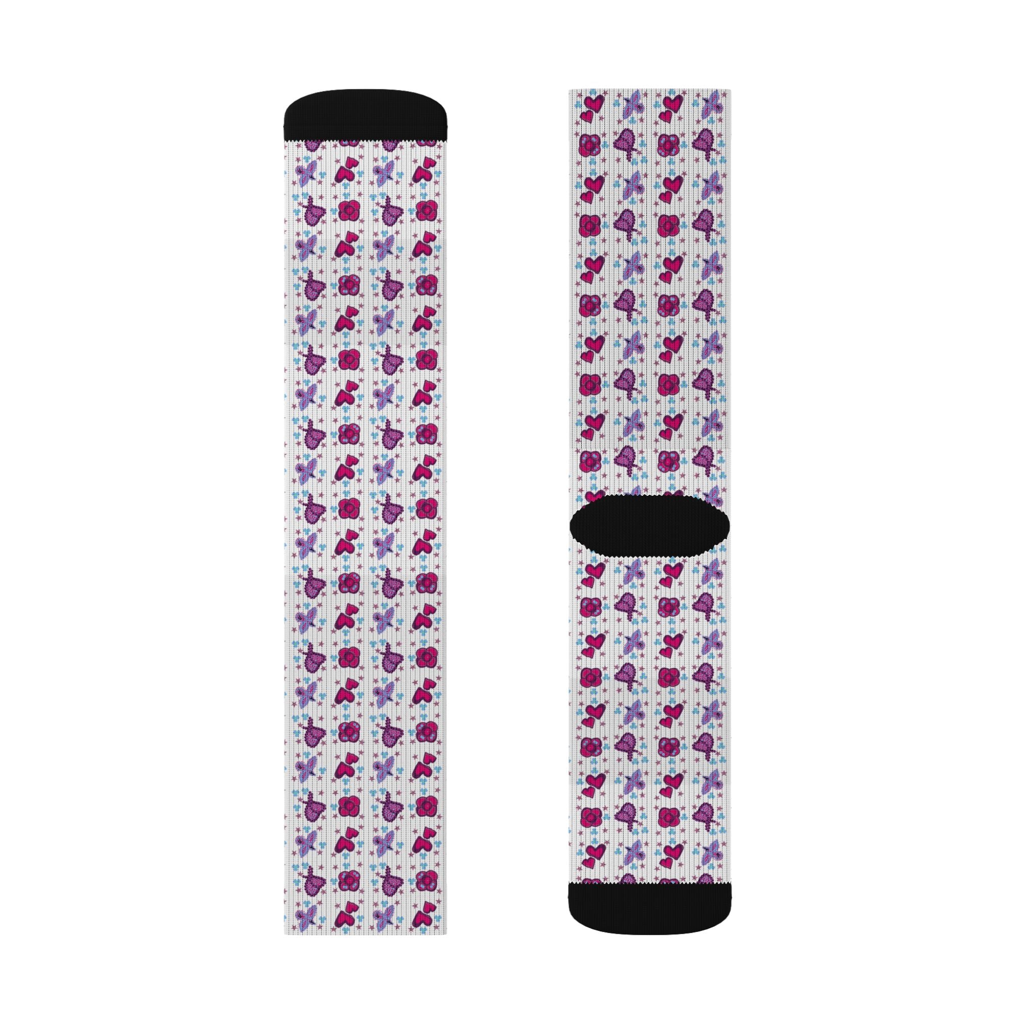 Purple Pink Beaded Flower Hearts Pattern Socks | Sublimation Crew Socks