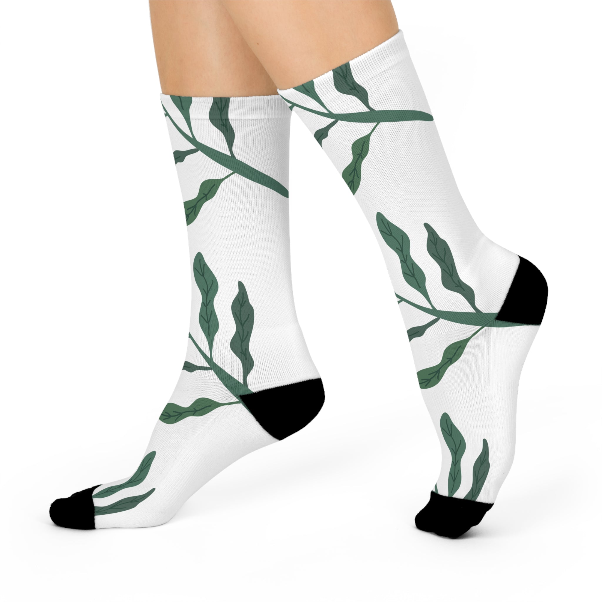 Green Leaf Branch Socks Cushioned Crew Socks | Botanical Nature Pattern