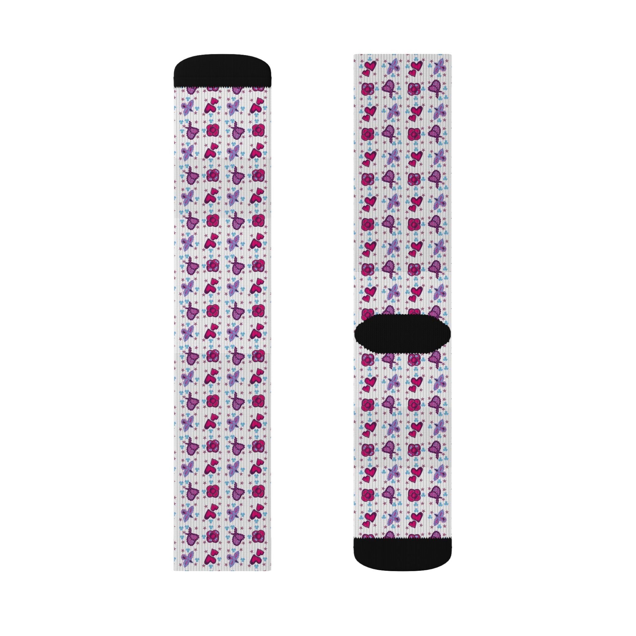 Purple Pink Beaded Flower Hearts Pattern Socks | Sublimation Crew Socks