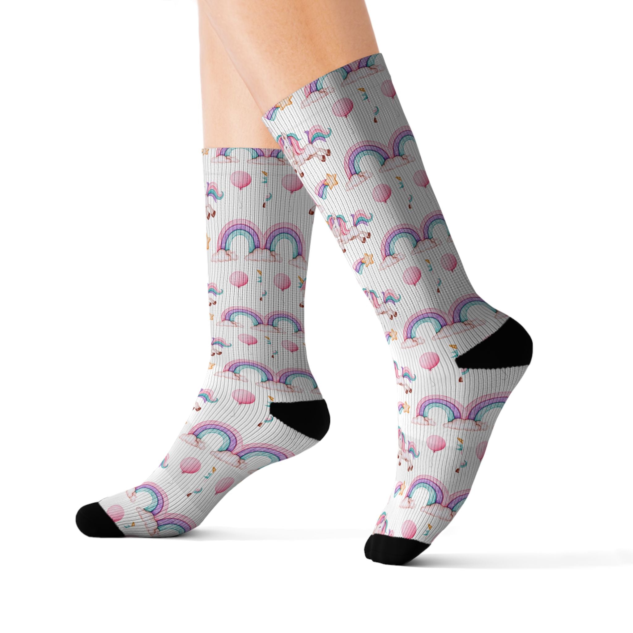 Pastel Rainbows Hearts Socks | Cute Rainbow Pattern Sublimation Socks
