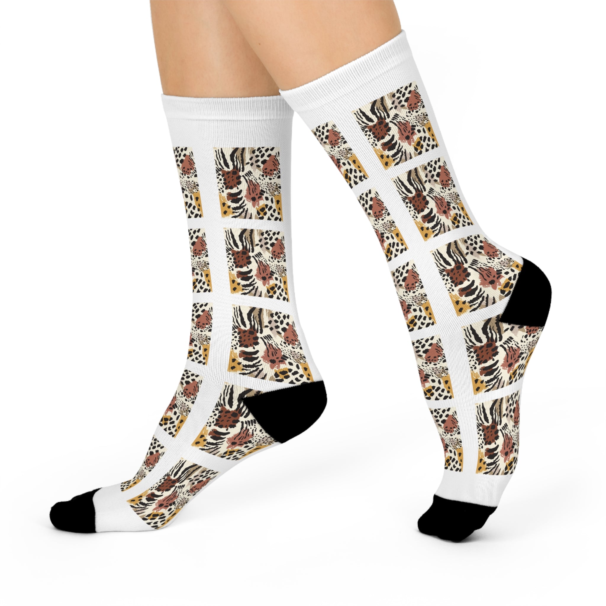 Leopard Tiger Patchwork Crew Socks | Animal Print Athletic Socks