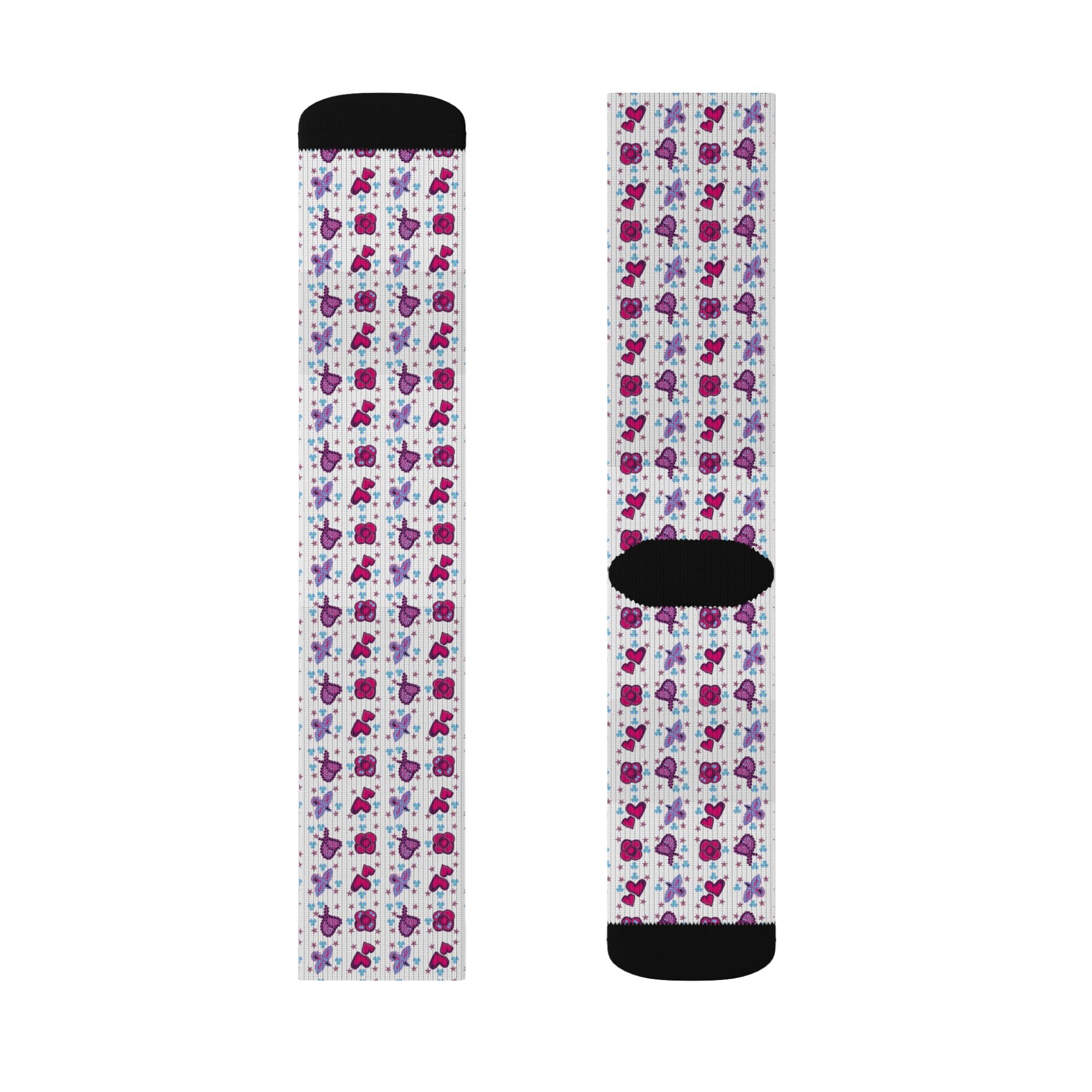 Purple Pink Beaded Flower Hearts Pattern Socks | Sublimation Crew Socks