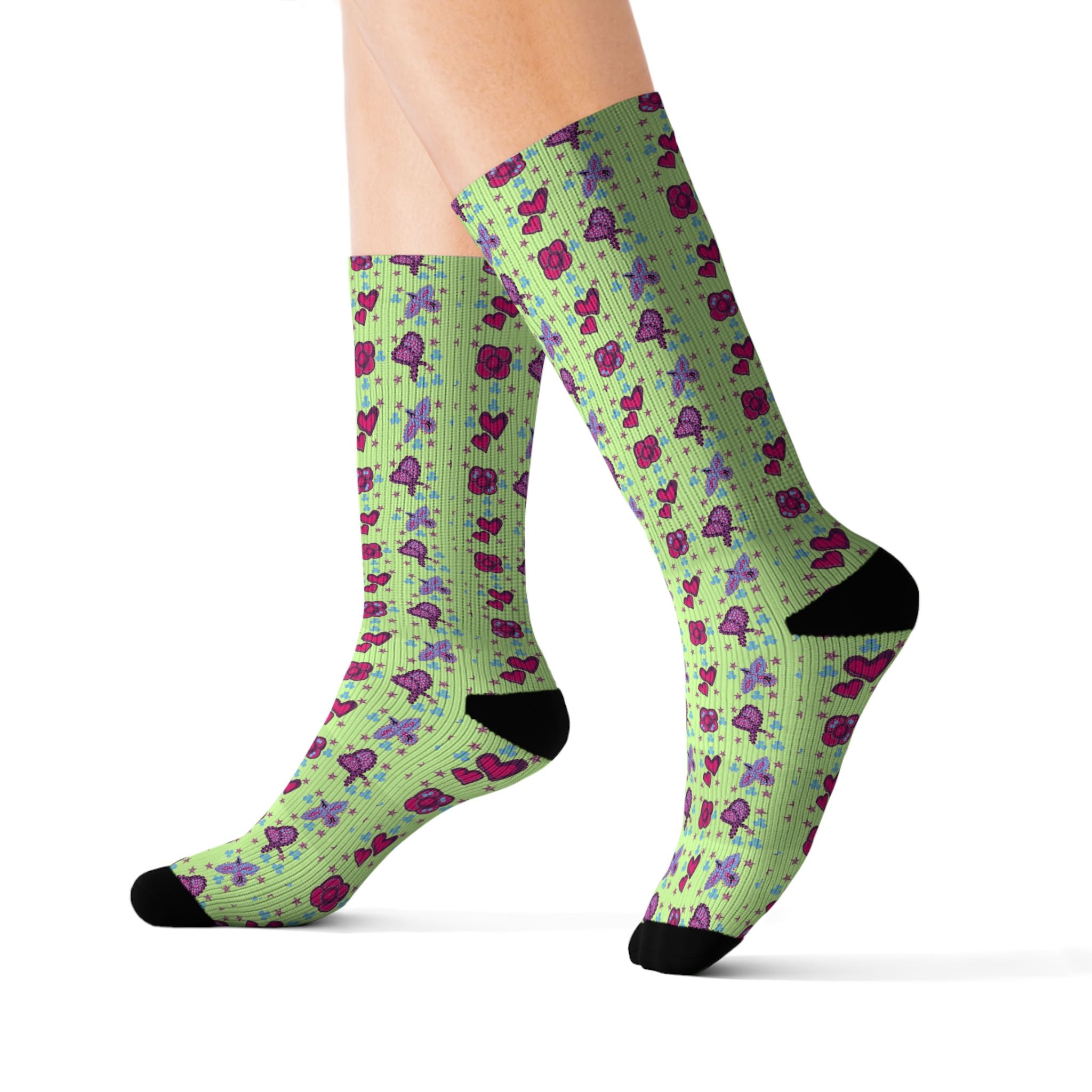 Purple Pink Beaded Flower with Hearts Pattern Socks | Green Crew Socks