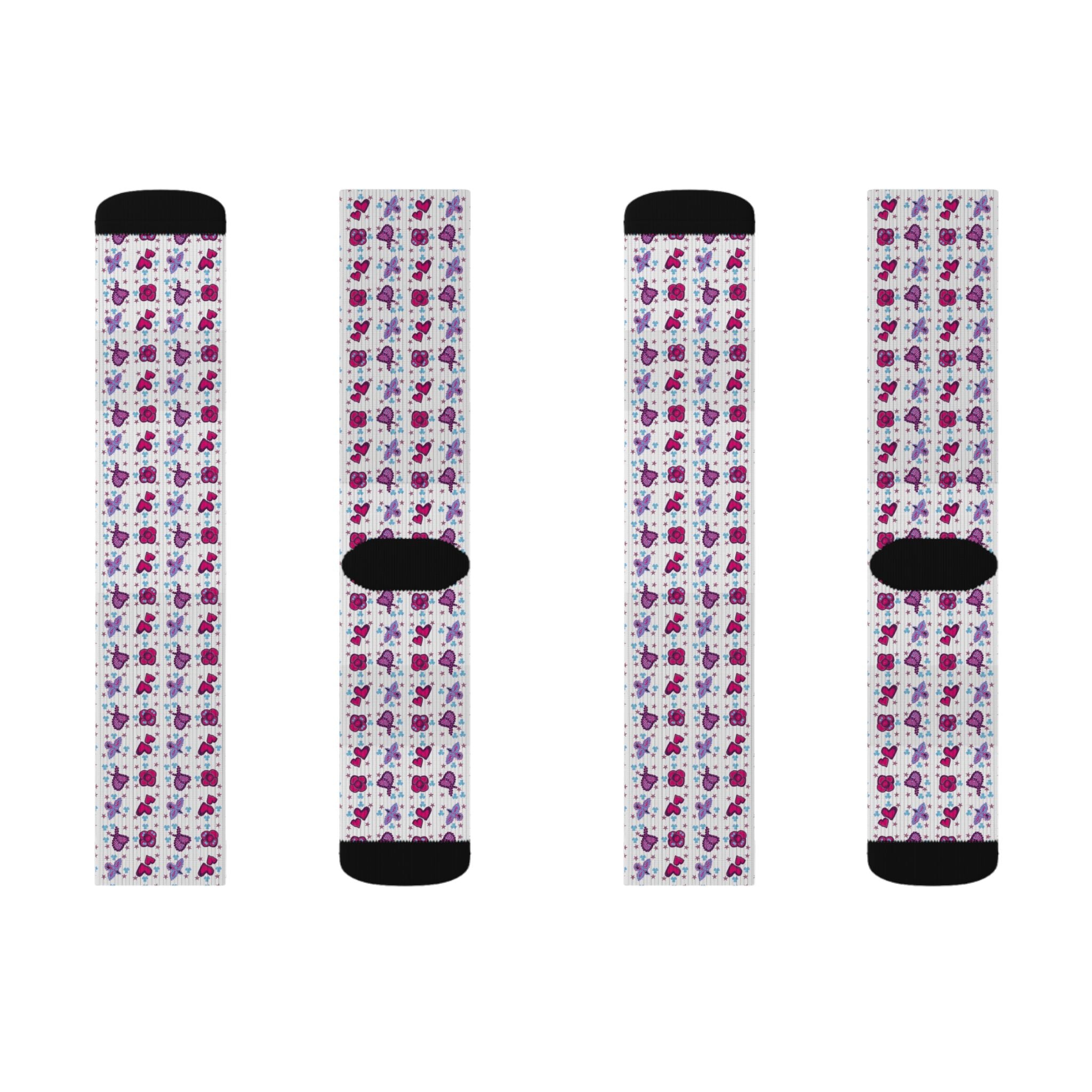 Purple Pink Beaded Flower Hearts Pattern Socks | Sublimation Crew Socks