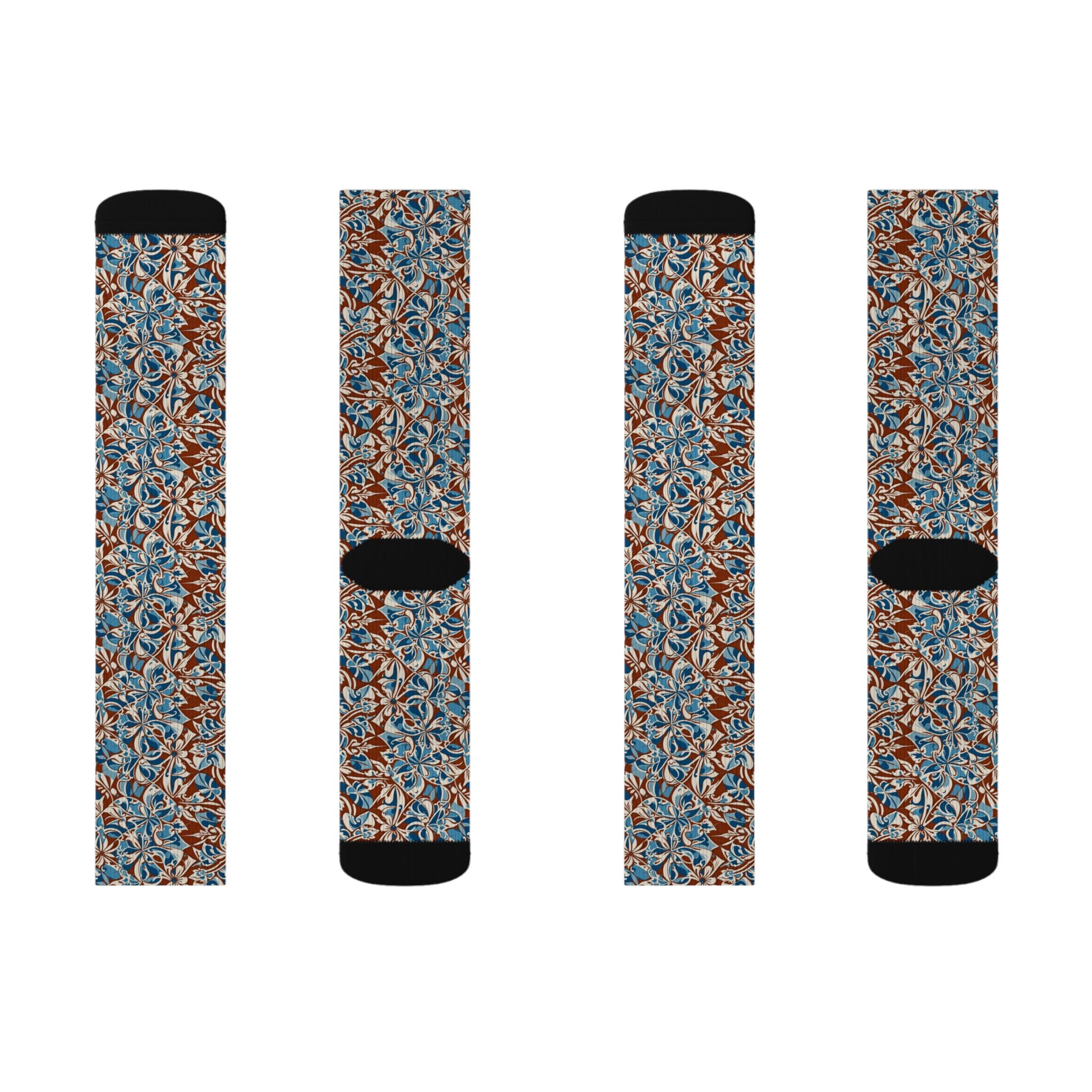 Blue Brown Floral Pattern Socks | All-Over Print Sublimation Socks