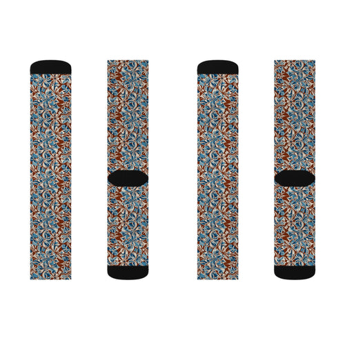 Blue Brown Floral Pattern Socks | All-Over Print Sublimation Socks