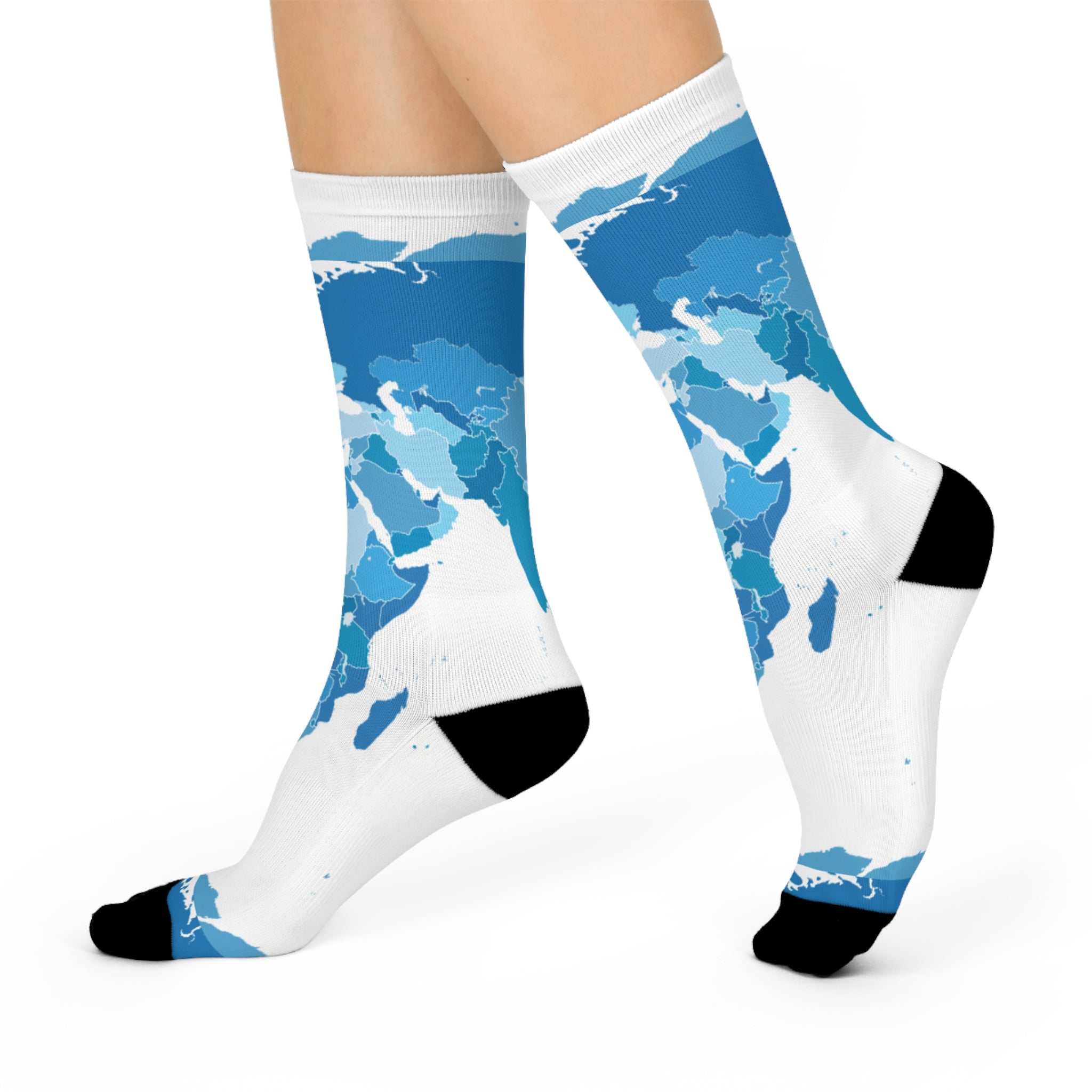 World Map Cushioned Crew Socks — Blue Travel Map Crew Socks