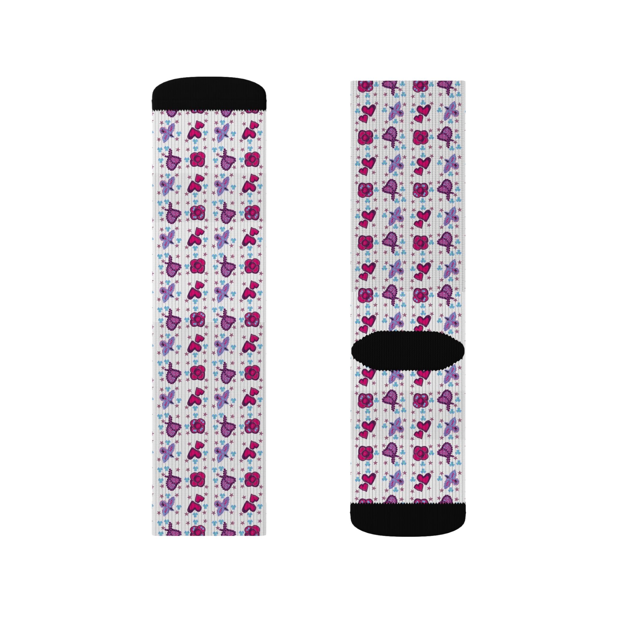 Purple Pink Beaded Flower Hearts Pattern Socks | Sublimation Crew Socks