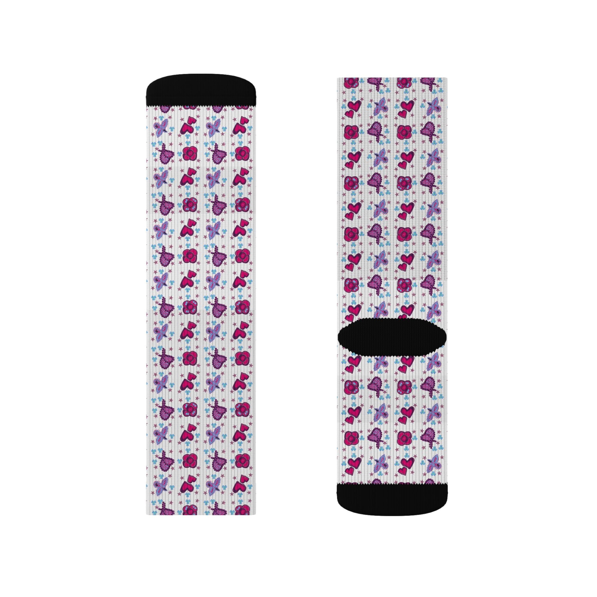 Purple Pink Beaded Flower Hearts Pattern Socks | Sublimation Crew Socks