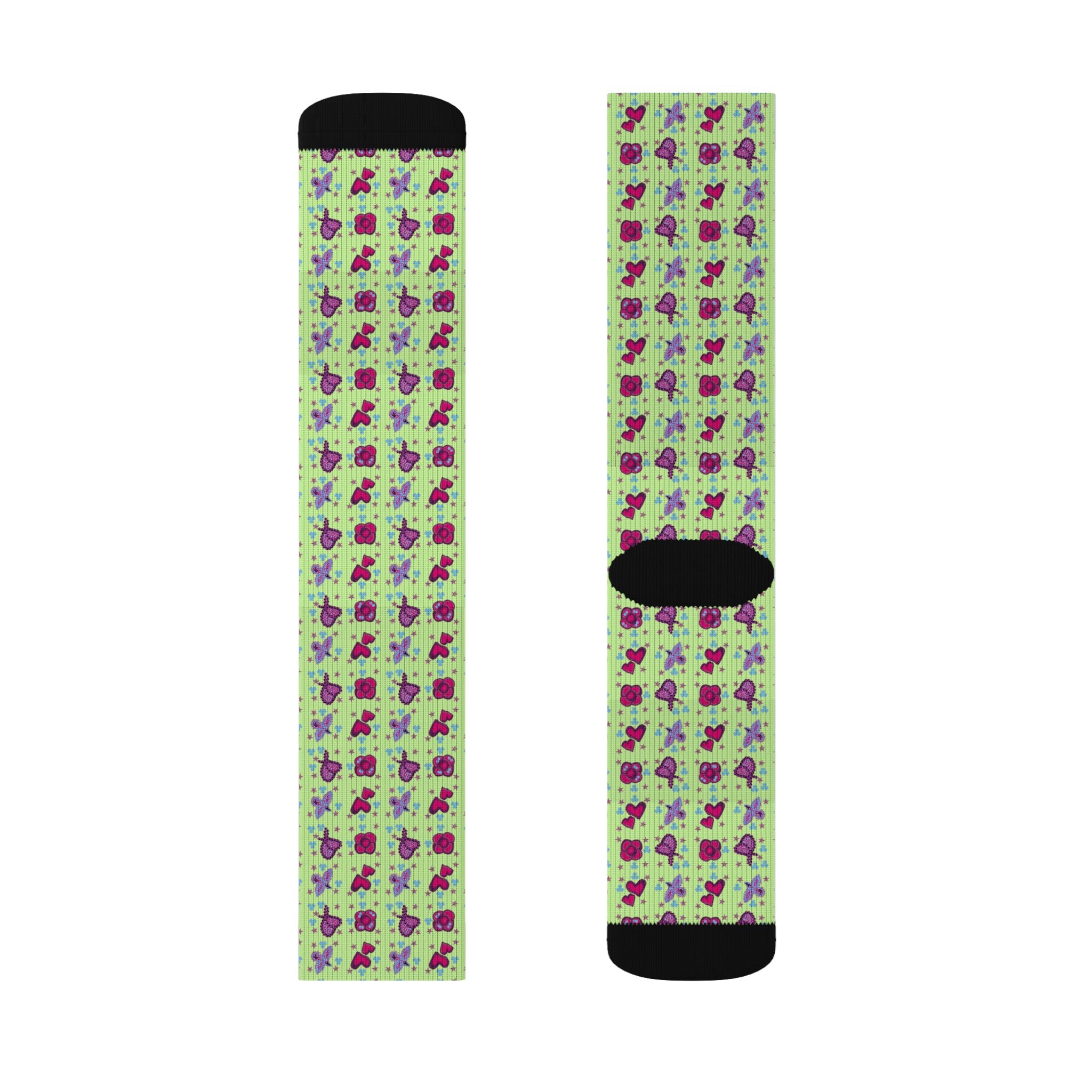 Purple Pink Beaded Flower with Hearts Pattern Socks | Green Crew Socks